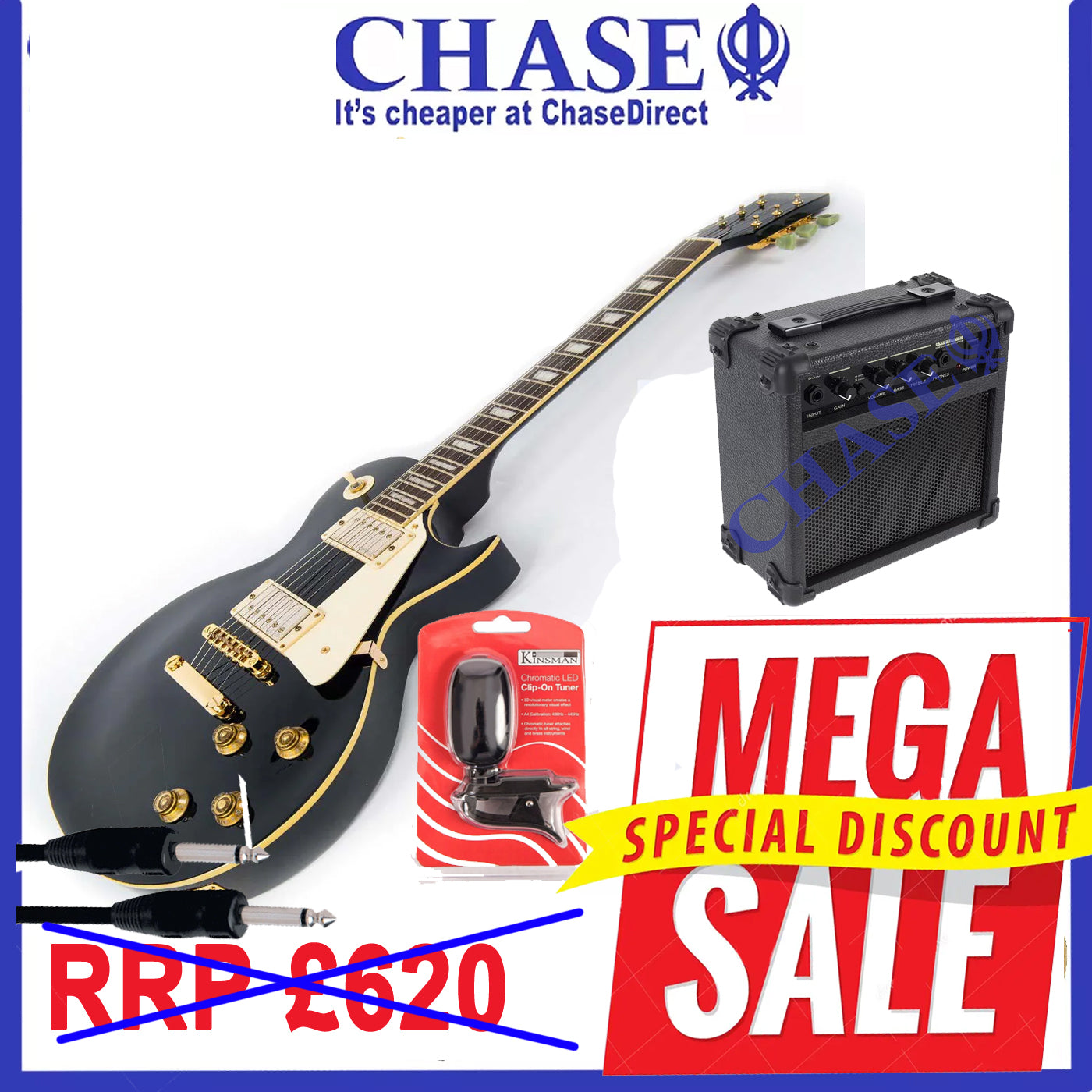 Vintage Electric Guitar Pack :  Vintage  V100BB +  Kinsman BB10 10W Electric Guitar Amplifier +  Kinsman Tuner KAC405 + Kinsman Guitar Lead 20ft / 6m