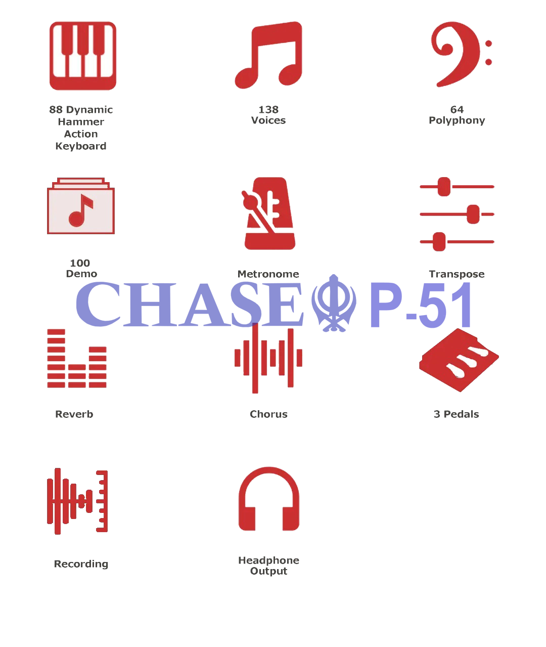 Chase P-51 Digital Piano In White or Black- 88 Notes Fully Weighted Hammer Action Keys, USB Input & Piano Type Sustain Pedal. Also Compitable with 3 Pedal Unit - Sustain Pedal, Sostenuto Pedal & Soft Pedal - Watch The Demo Video