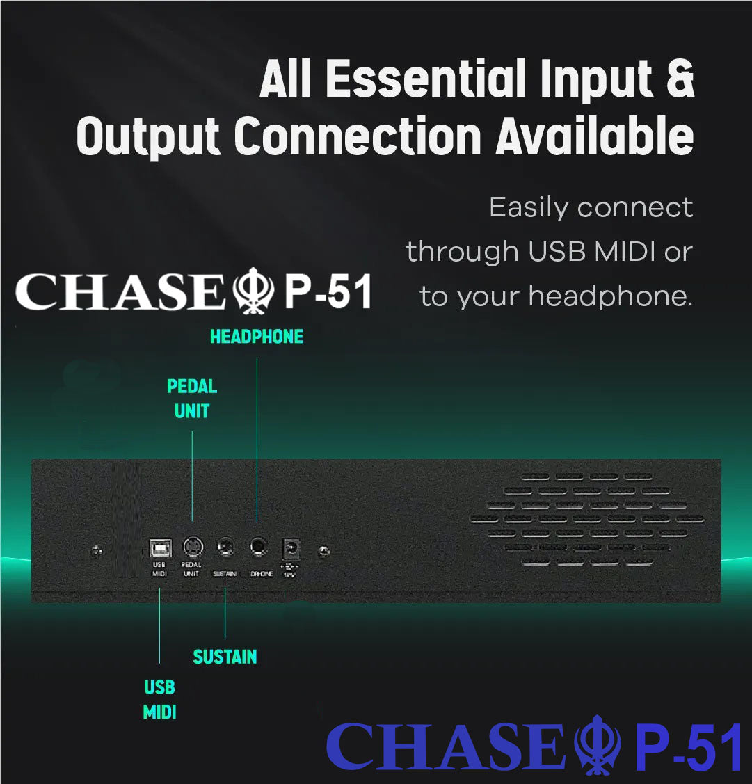 Chase P-51 Digital Piano In Black or White - 88 Notes Fully Weighted Hammer Action Keys, USB Input & Piano Type Sustain Pedal. Also Compitable with 3 Pedal Unit - Sustain Pedal, Sostenuto Pedal & Soft Pedal - Watch The Demo Video
