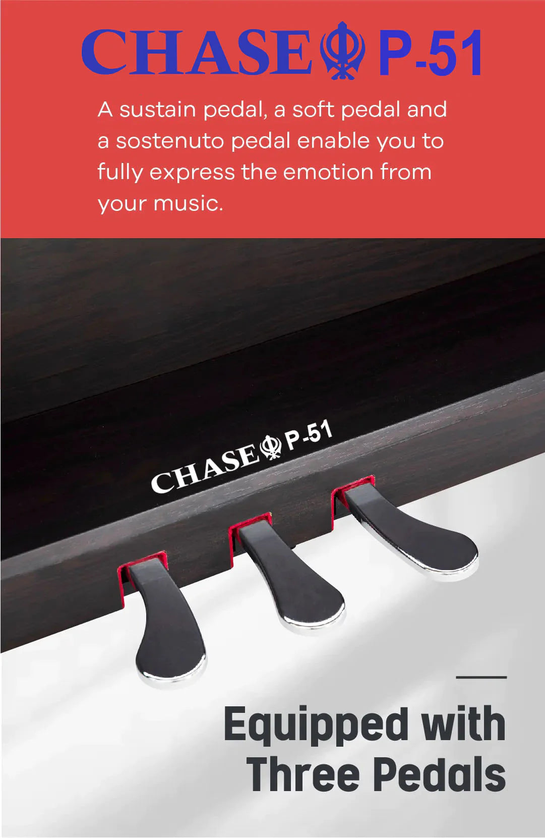 Chase P-51 Digital Piano Bundle In Black or White With Wooden Stand & Pedal Board With Three Pedals - Sustain Pedal, Sostenuto Pedal & Soft Pedal - Piano Bench, Stereo Headphones, Tutorial Book, DVD & CD - Watch The Demo Video