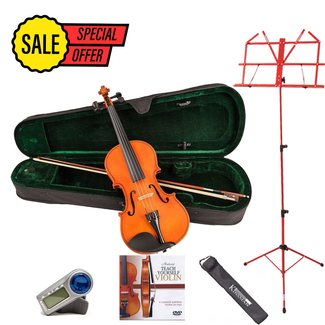 Antoni Violin Outfit 1/8 Size - Package - With Hard Case Bow & Rosin, Music Stand and Bag, Violin Tuner, Teach Yourself Violin DVD