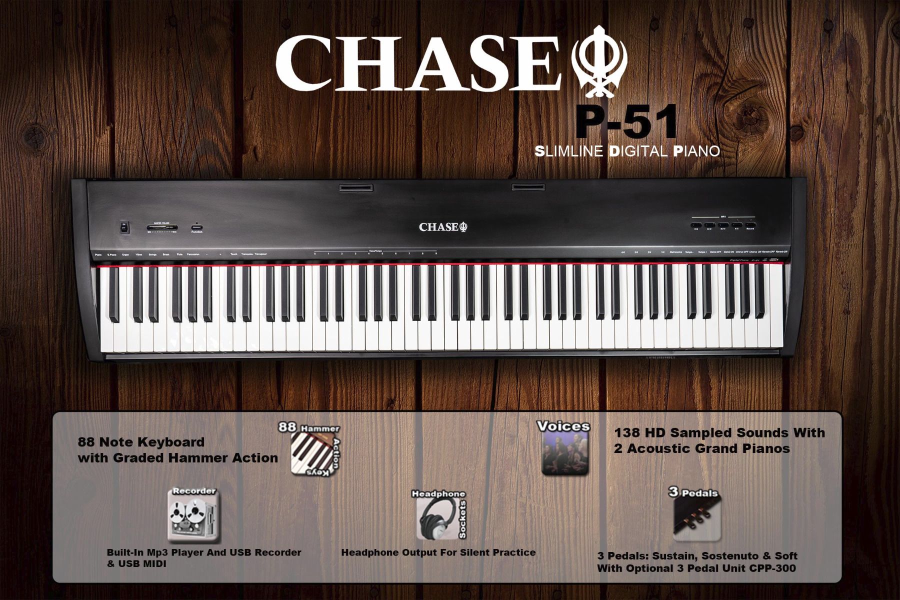 Chase P-51 Digital Piano Package In Black or White. Piano Package Includes Chase Piano P51, Piano Type Sustain Pedal, Height Adjustable XX Piano Stand, Height Adjustable Piano Bench, Stereo Headphones, Tutorial Book, DVD & CD - Watch The Demo Video