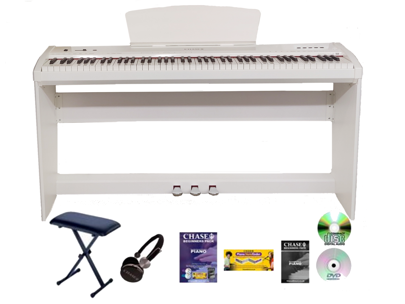 Chase P-51 Digital Piano Bundle In White or Black With Wooden Stand & Pedal Board With Three Pedals - Sustain Pedal, Sostenuto Pedal & Soft Pedal - Piano Bench, Stereo Headphones, Tutorial Book, DVD/CD-Watch The Demo Video