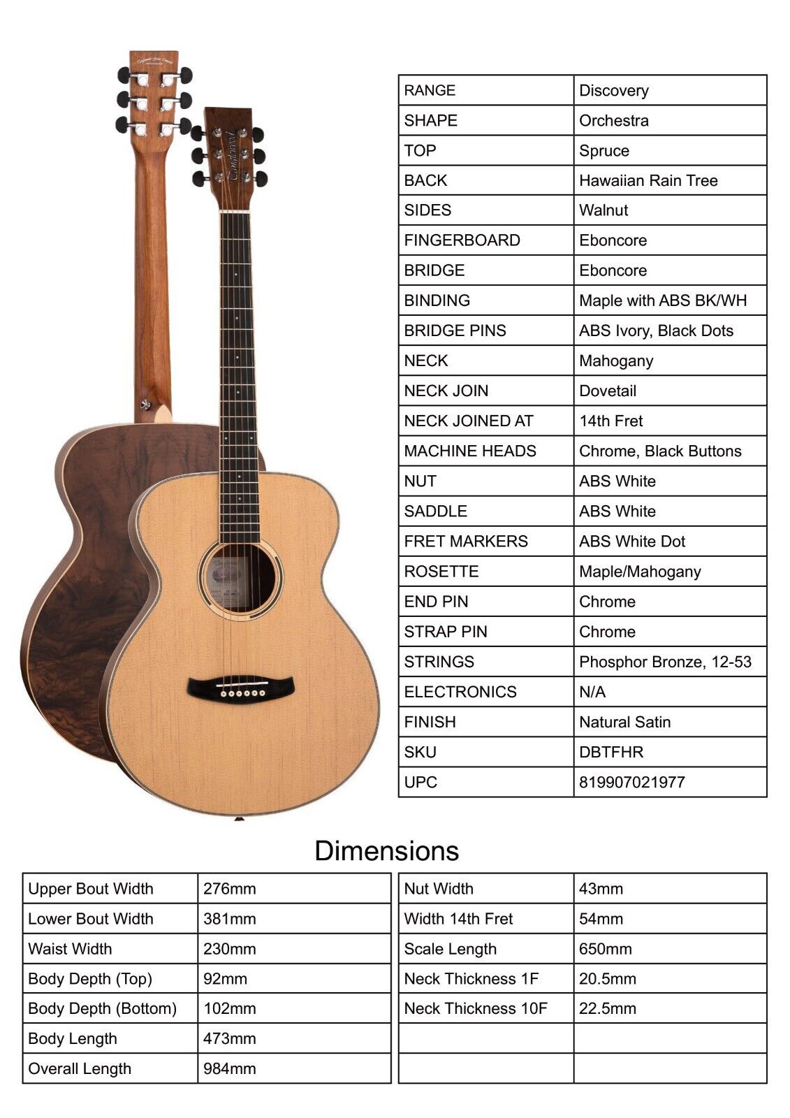 Tanglewood DBTFHR Discovery Folk Orchestra Acoustic Guitar - Hawaiian Rainwood