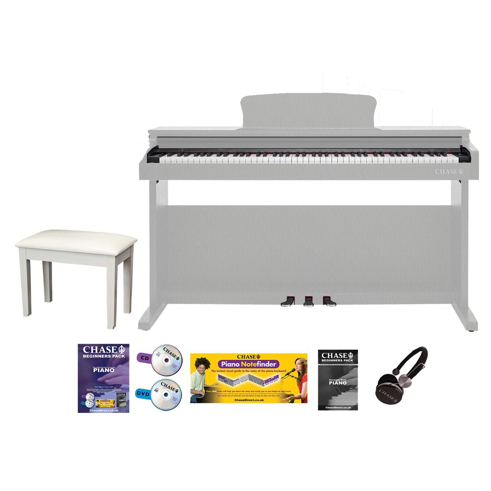 Chase CDP-357 Digital Electric Piano in White Cabinet, with Stool, Headphones & Tutorial Book