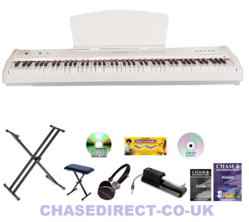 Chase P-51 Digital Piano Package In Black or White. Piano Package Includes Chase Piano P51, Piano Type Sustain Pedal, Height Adjustable XX Piano Stand, Height Adjustable Piano Bench, Stereo Headphones, Tutorial Book, DVD & CD - Watch The Demo Video