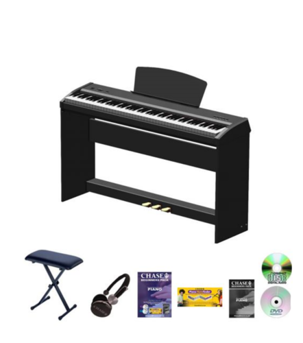 Chase P-51 Digital Piano Bundle In White or Black With Wooden Stand & Pedal Board With Three Pedals - Sustain Pedal, Sostenuto Pedal & Soft Pedal - Piano Bench, Stereo Headphones, Tutorial Book, DVD/CD-Watch The Demo Video