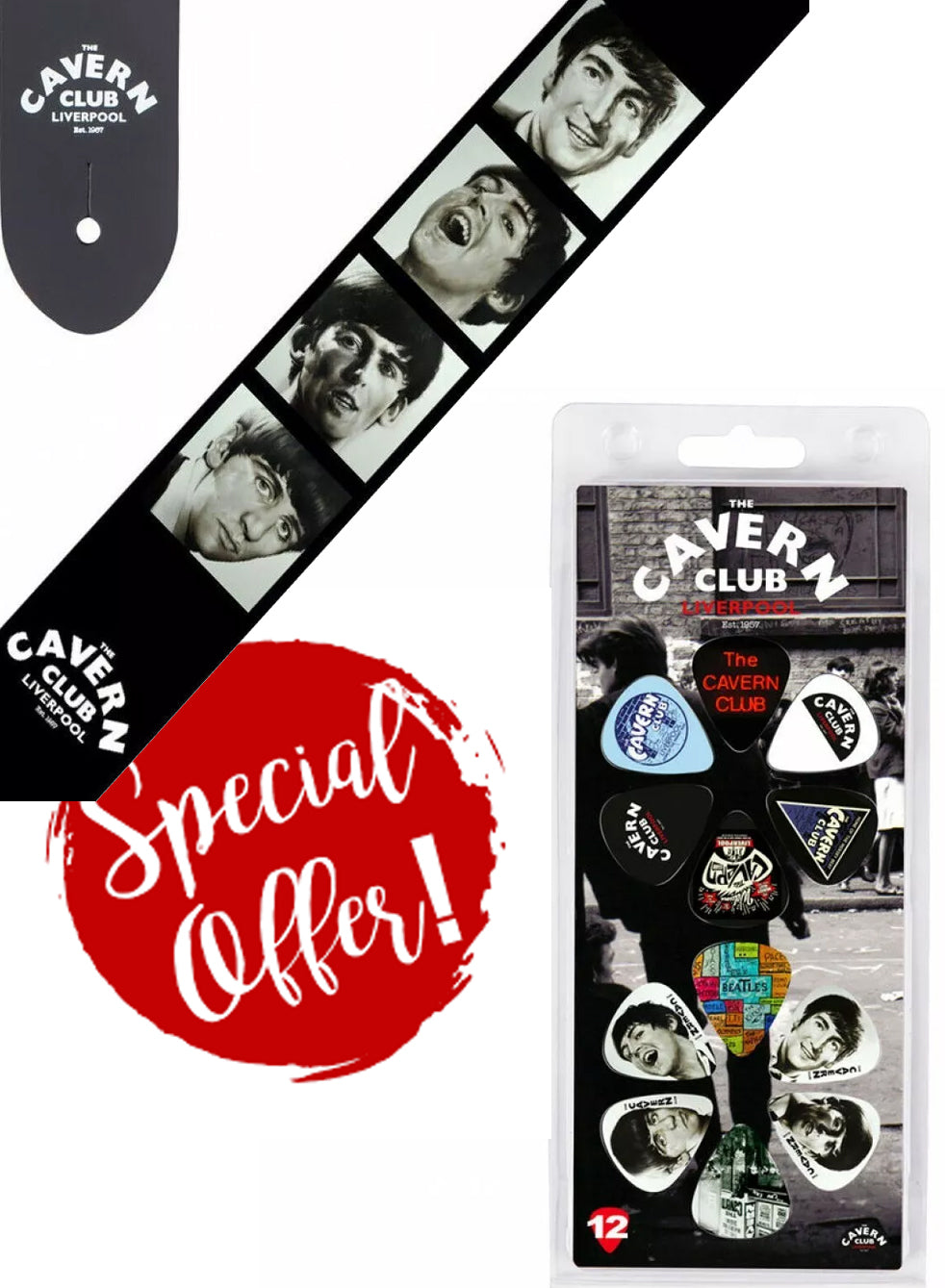 The Cavern Club Strap (RRP £29.99)  + 12 Pack Cavern Club Beatles Retro Premium Plectrums (RRP £24.99) : Bundle Offer : Official Cavern Club Item