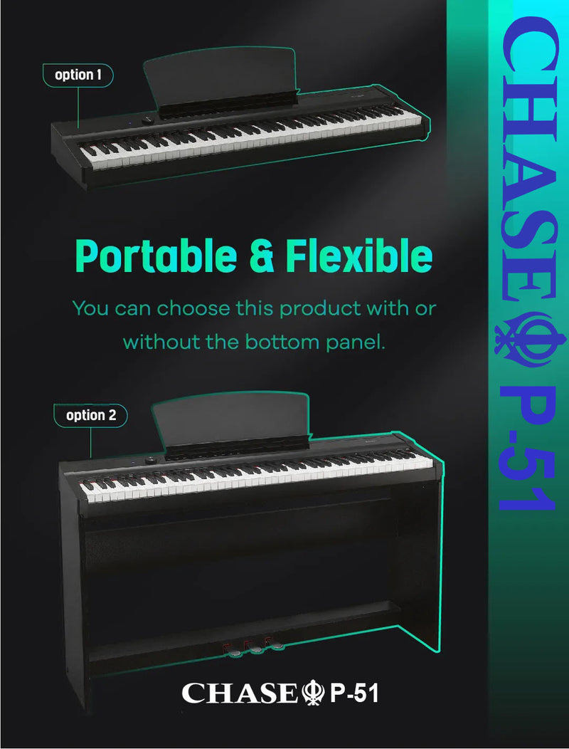 Chase P-51 Digital Piano Package In Black or White. Piano Package Includes Chase Piano P51, Piano Type Sustain Pedal, Height Adjustable XX Piano Stand, Height Adjustable Piano Bench, Stereo Headphones, Tutorial Book, DVD & CD - Watch The Demo Video