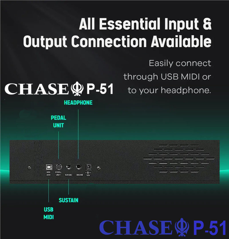 Chase P-51 Digital Piano Package In White or Black - Piano Package Includes Chase Piano P51, Piano Type Sustain Pedal, Height Adjustable XX Piano Stand, Height Adjustable Piano Bench, Stereo Headphones, Tutorial Book, DVD & CD - Watch The Demo Video
