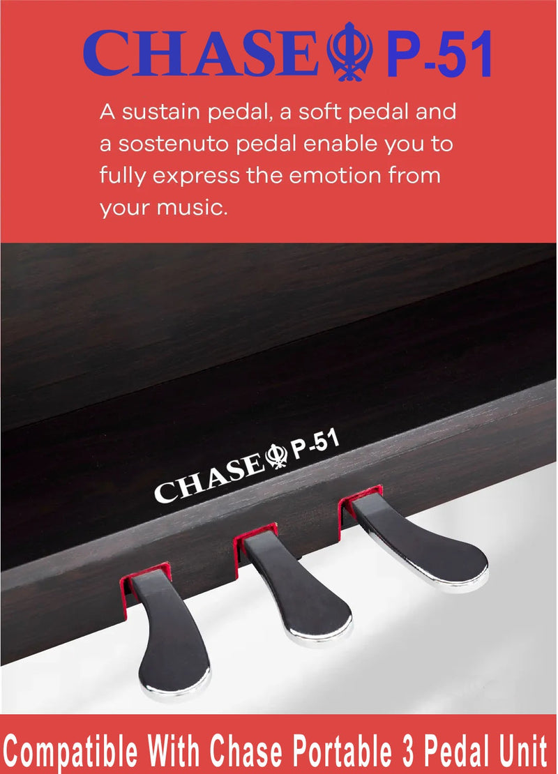 Chase P-51 Digital Piano In White or Black- 88 Notes Fully Weighted Hammer Action Keys, USB Input & Piano Type Sustain Pedal. Also Compitable with 3 Pedal Unit - Sustain Pedal, Sostenuto Pedal & Soft Pedal - Watch The Demo Video