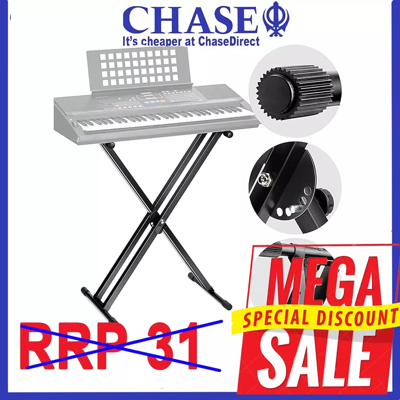 Chase CKS-52 Double Braced X Piano Keyboard Stand Folding Height Adjustable For Chase Yamaha Casio Pianos