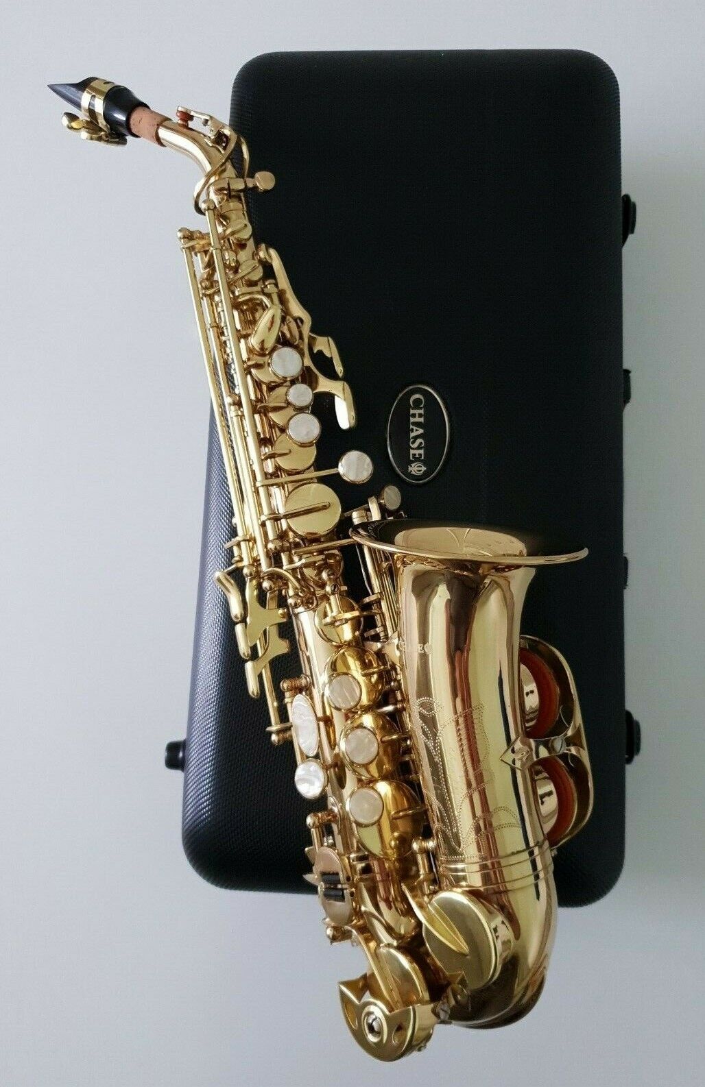 Saxophone Shape Saxophone Soprano Curved Shape in Bb Gold Finish + Hard Case Chase Out