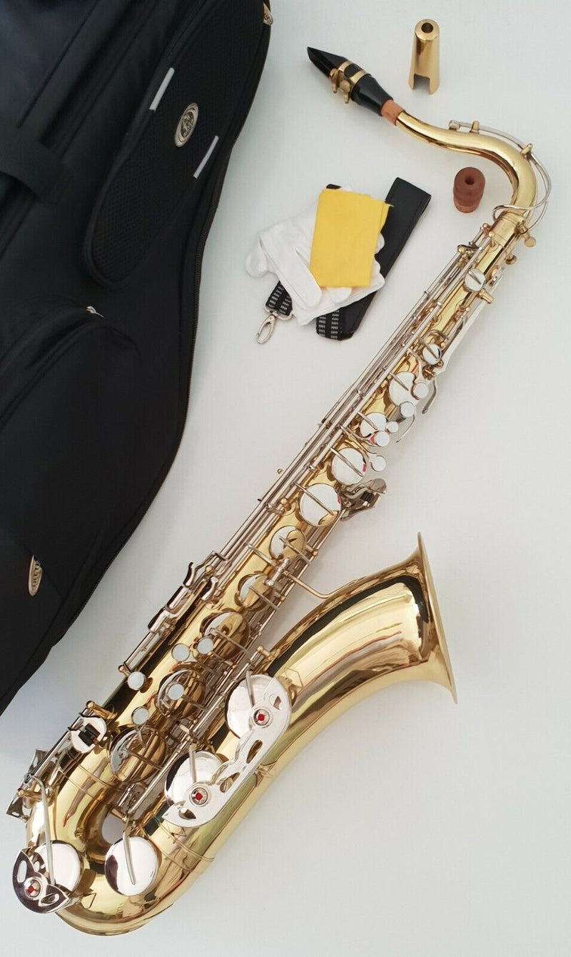 Tenor Saxophone in Bb Sax Gold Lacquer White Pads Soft Case - Complete -