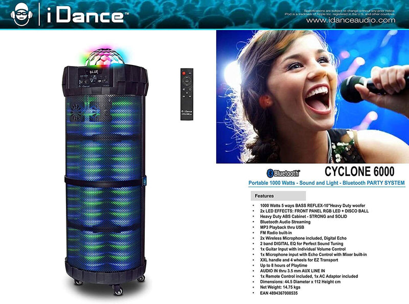 iDance Cyclone 6000 Portable PA System Bluetooth Speaker Party Dance System,
