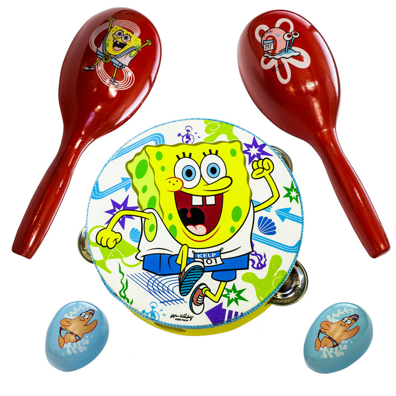 Egg Shakers Maracas Tambourine Spongebob Wooden Percussion Set In Gift Case - -