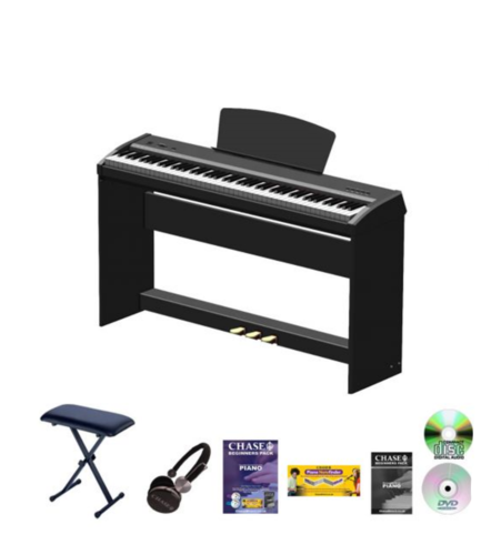 Chase P-51 Digital Piano Bundle In Black or White With Wooden Stand & Pedal Board With Three Pedals - Sustain Pedal, Sostenuto Pedal & Soft Pedal - Piano Bench, Stereo Headphones, Tutorial Book, DVD & CD - Watch The Demo Video